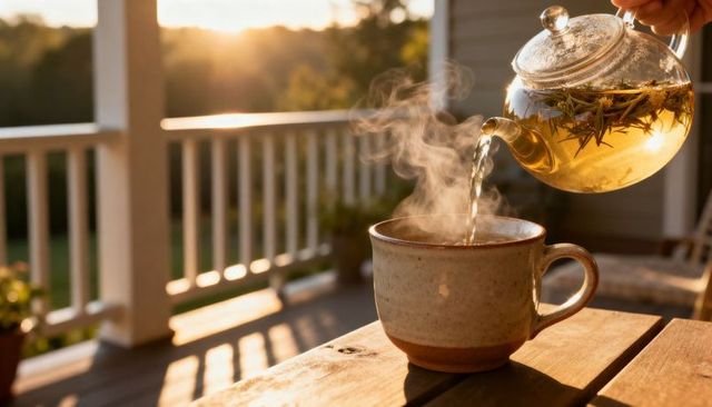 Pouring herbal tea into ceramic mug on sunlit porch during golden hour morning calm