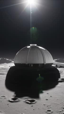 Vertical video showing domed lunar habitat casting long shadow across crater with sun lens flare
