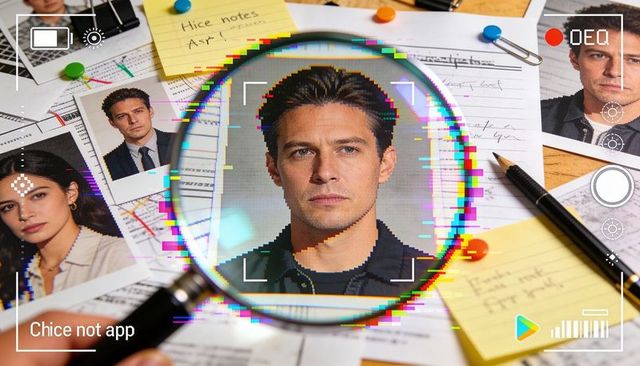Magnifying Glass Examining Male Headshot with Glitch UI Overlaid on Investigation Desk