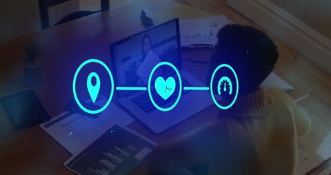 Tech Icons Overlay on Video Call Animation with Laptop