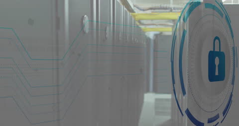Cybersecurity Concept with Digital Lock Overlaying Server Room