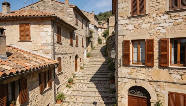 Sunlit stone steps leading through mediterranean hilltop village with terracotta shutters