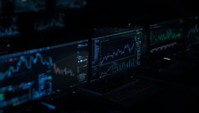 Dark trading workstation with candlestick charts display