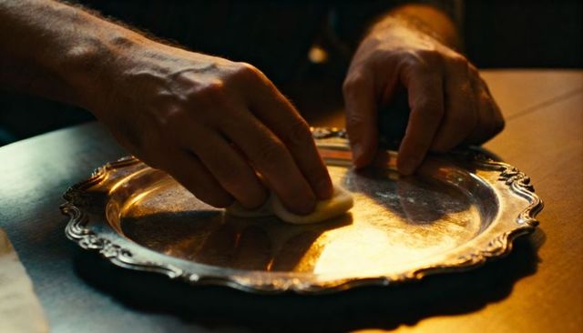 Hand polishing ornate silver tray with soft cloth on wooden table in warm light
