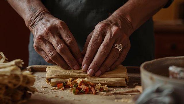 Senior chef preparing traditional corn husk tamale
