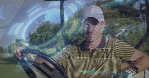 Senior golfer sitting in golf cart at wheel wearing cap and striped polo showing ar hud