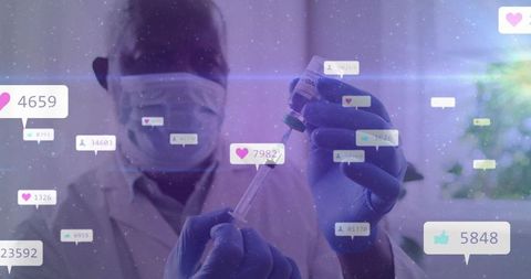 Senior male doctor preparing vaccine syringe in clinic with social media overlay
