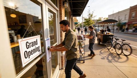 Young man entering new downtown cafe during grand opening morning with mobile coffee cart
