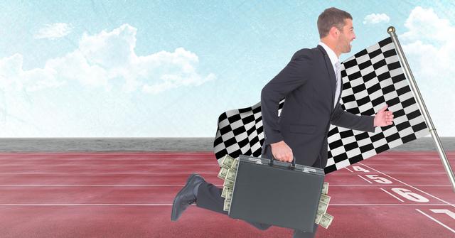 Image depicts a businessman running on a track with a briefcase stuffed with money, heading towards a checkered flag finish line. Useful for illustrating themes of business success, competition, financial growth, and corporate victory. Suitable for business presentations, motivational content, and financial services promotions.