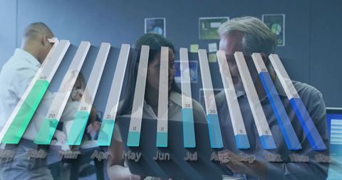 Business team reviewing monthly data with translucent 3d bar chart overlay in office