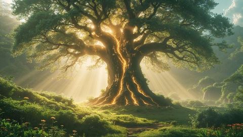 Mystical ancient god tree in sunlit fantasy forest