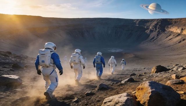Exploration Team Descending Crater on Alien Planet in White and Blue Spacesuits at Sunset