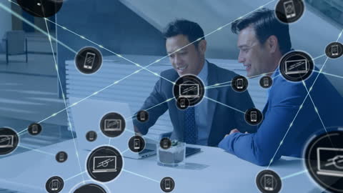 Businessmen Analyzing Digital Network Data on Laptop