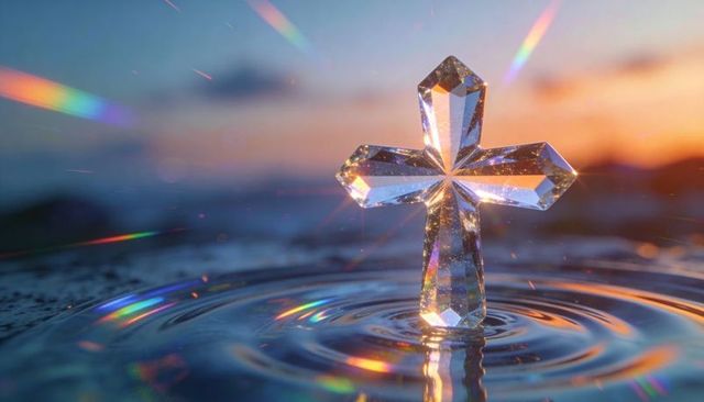 Crystal cross refracting rainbow light standing in rippling water at serene sunset shore