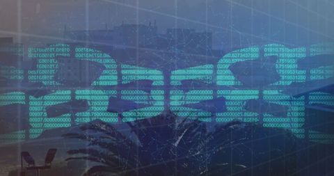 Cyber Security Concept with Binary Code Over Urban Skyline