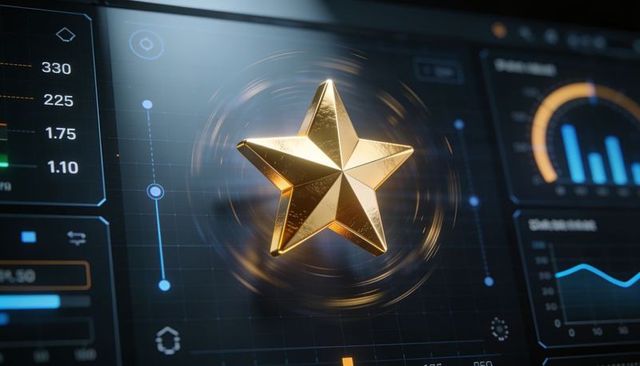 Polished gold star rotating over futuristic hud dashboard with neon glow