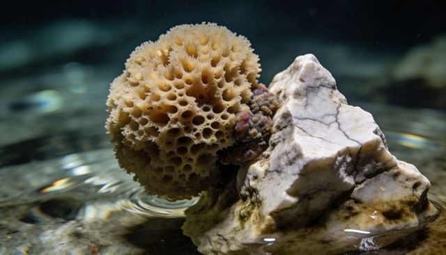 Beige sea sponge clinging to white-veined rock in tide pool macro close-up porous texture