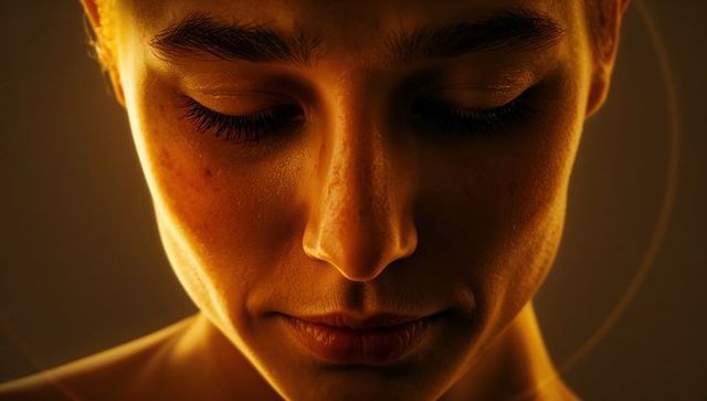 Tilting adult male head downward with closed eyes, warm rim lighting and halo, serene