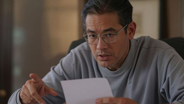 Middle-aged Asian man reading document in glasses and gray pullover, concentrating at desk