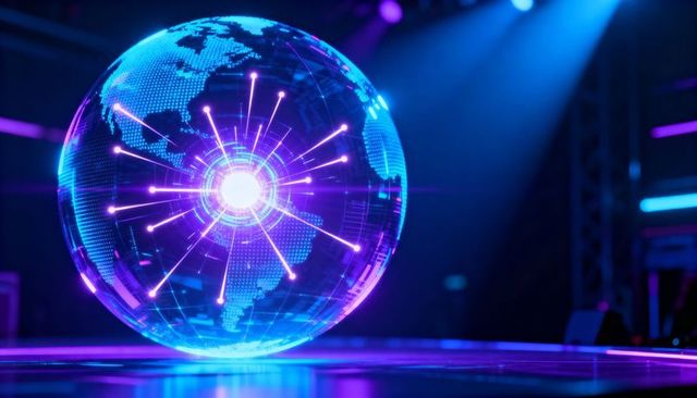 Holographic globe projecting neon network with radial data beams over reflective stage
