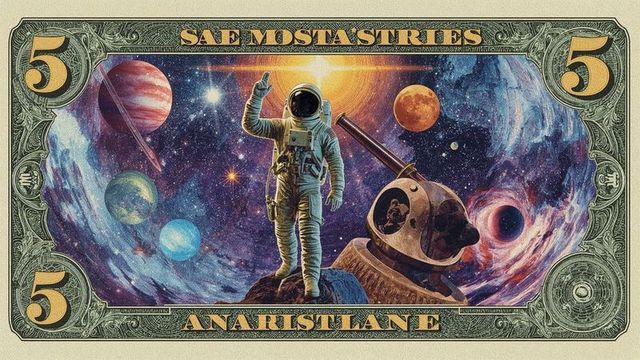 Astronaut saluting amongst cosmic wonders on futuristic currency