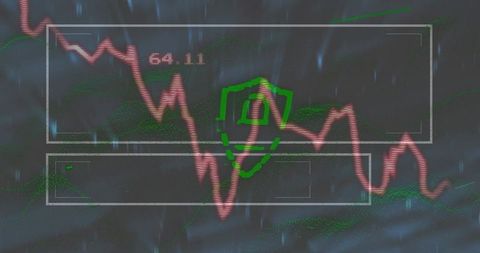 Abstract Digital Interface with Red Line Graph and Green Shield Overlay