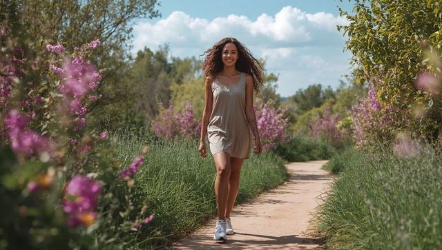 Walking through wildflower trail smiling woman in beige dress on sunny path