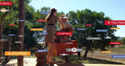 Stepping woman reaching for man with vintage luggage on rustic porch with floating ui