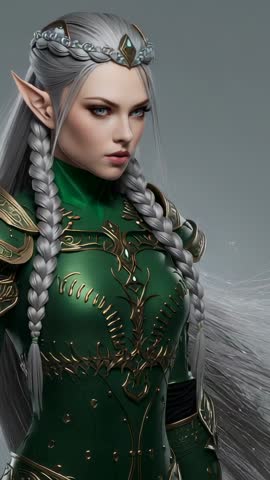 Silver-Haired Elf Warrior Rotating Torso Vertical Video, Ornate Green Armor and Circlet
