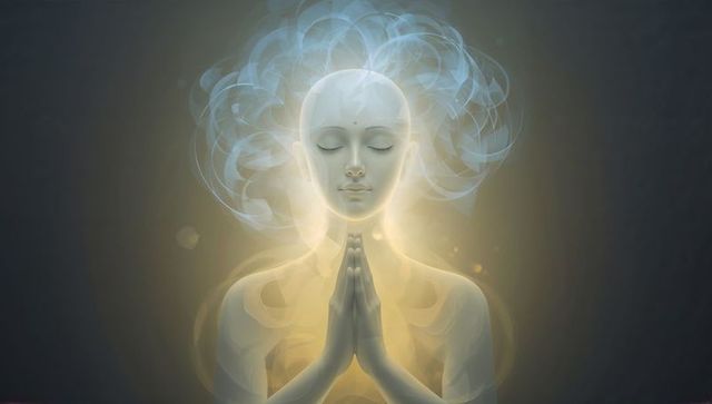 Ethereal Meditating Figure Pressing Hands in Prayer with Glowing Chest and Blue Aura