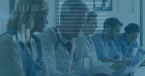 Healthcare Team Analyzing Digital Data Interfaces and Statistics