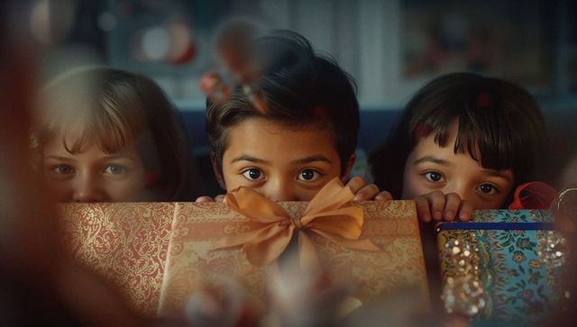 Curious Trio Exploring Gifts in Festive Setting