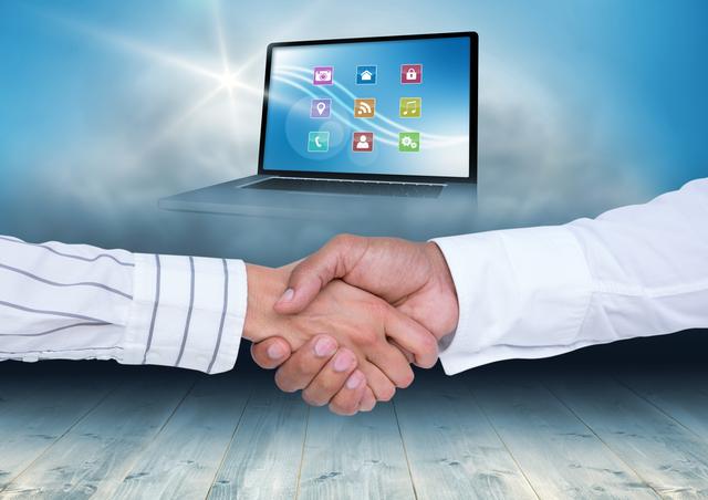 Image depicts two businesspeople shaking hands, symbolizing a partnership or agreement. In the background is a laptop screen displaying various digital technology icons, suggesting a connection to technology tools and online resources. Ideal for use in business, technology, partnership, and innovation industry materials.