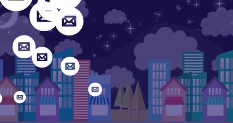 Digital Communication Icons Floating Over Nighttime Urban Cityscape - Download Free Stock Images Pikwizard.com
