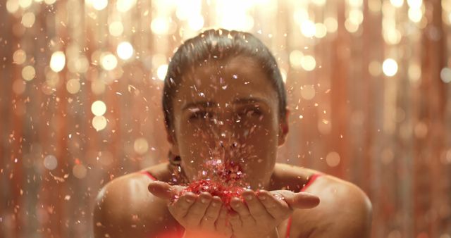 Close-up of a woman blowing glitter from her hands in a festive celebration. Captures a moment of joy and excitement with sparkling glitter adding a glamorous effect. Ideal for marketing materials, social media posts, holiday greetings, and party invitations.