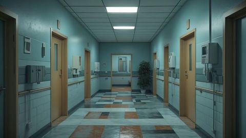 Modern Hospital Corridor with Wooden Doors and Handrails