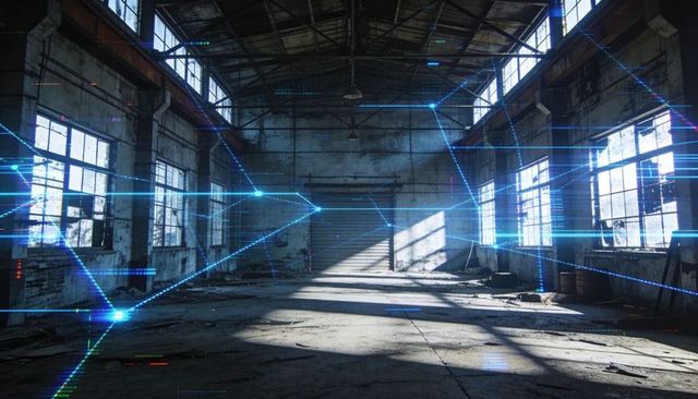 Abandoned Warehouse Interior with Holographic AR Grid and Blue Light Triangulation