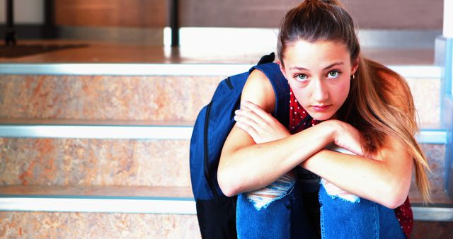 Teenage girl sitting alone on stairs with head resting on arms crossed over her knees. She appears sad or troubled, wearing casual clothes including a red polka-dot shirt and ripped jeans, with a backpack next to her. This image can be used to depict concepts related to youth struggles, mental health issues, loneliness, thinking, or school-related challenges.