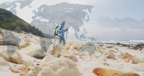 Hiker Navigating Terrain With Futuristic Tech World Map Overlay