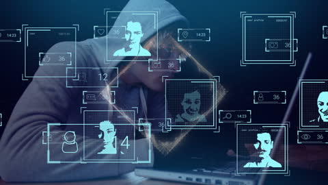 Hacker Analyzing Data on Laptop with Digital Interface Graphics