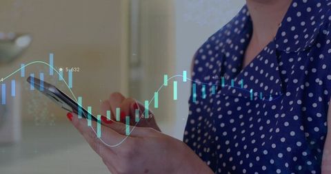 Woman using smartphone for trading with cyan candlestick overlays and ample copy space