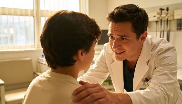 Doctor comforting child during pediatric exam, showing empathy and reassuring care