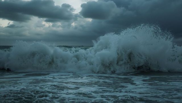 Towering storm wave crashing onto dark shoreline with dramatic foamy spray