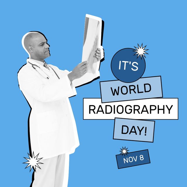 Composite of biracial bald male doctor checking x-ray with it's world radiography day and nov 8 text. Copy space, hospital, medical, x-radiation, discovery, healthcare and awareness concept.