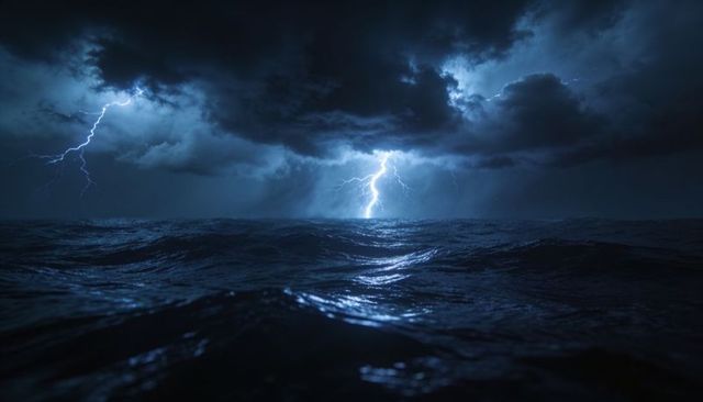 Night ocean storm illuminated by central lightning bolt reflecting on rolling dark waves