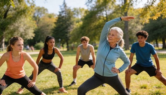 Senior fitness coach leading outdoor multigenerational stretching class with teens in park