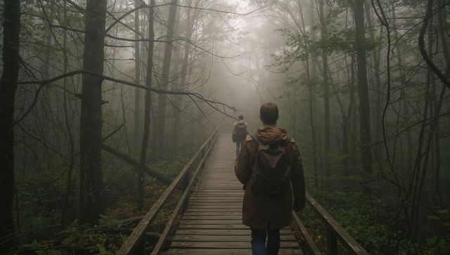 Two hikers walking on misty boardwalk through atmospheric forest trail