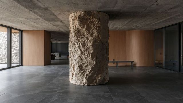 Rough sculptural stone column anchoring minimalist modern lobby with wood paneling