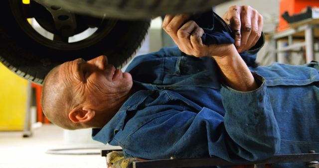 Focused Mechanic Lying on Creeper Working Under Car in Workshop - Download Free Stock Images Pikwizard.com