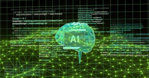 Hovering Holographic AI Brain Over Neon Wireframe Grid Displaying Code and HUD